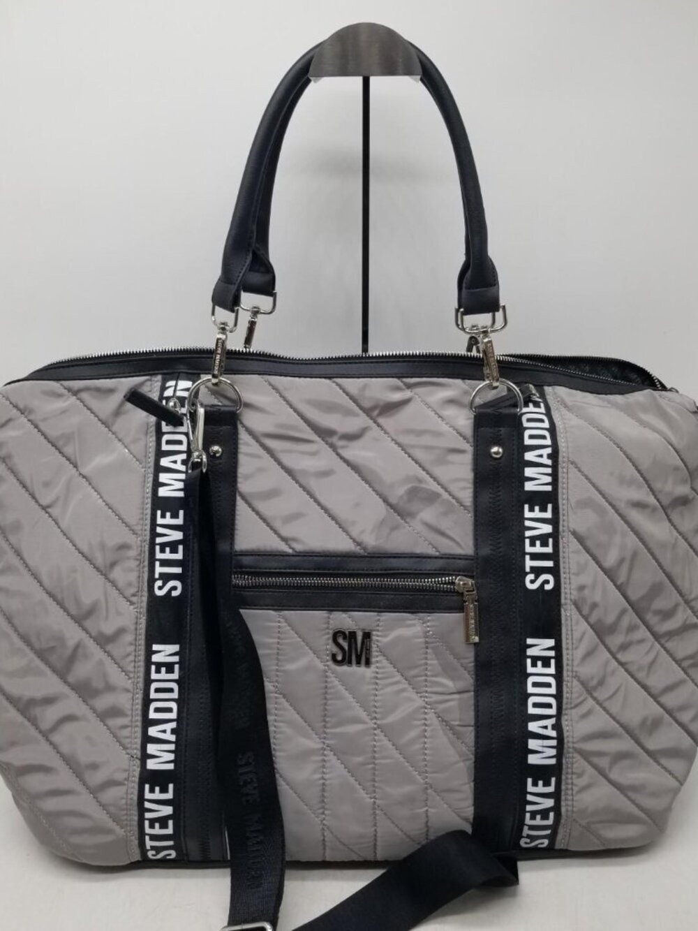 Steve Madden Gray Tote Quilted Black Trim